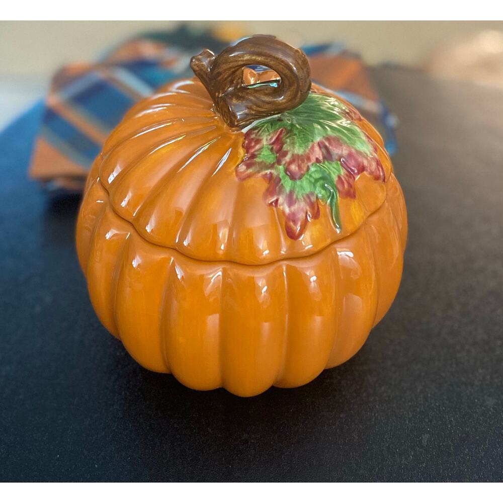 FTD Ceramic Pumpkin Covered Candy Dish Trinket Jar Fall Harvest Halloween Decor